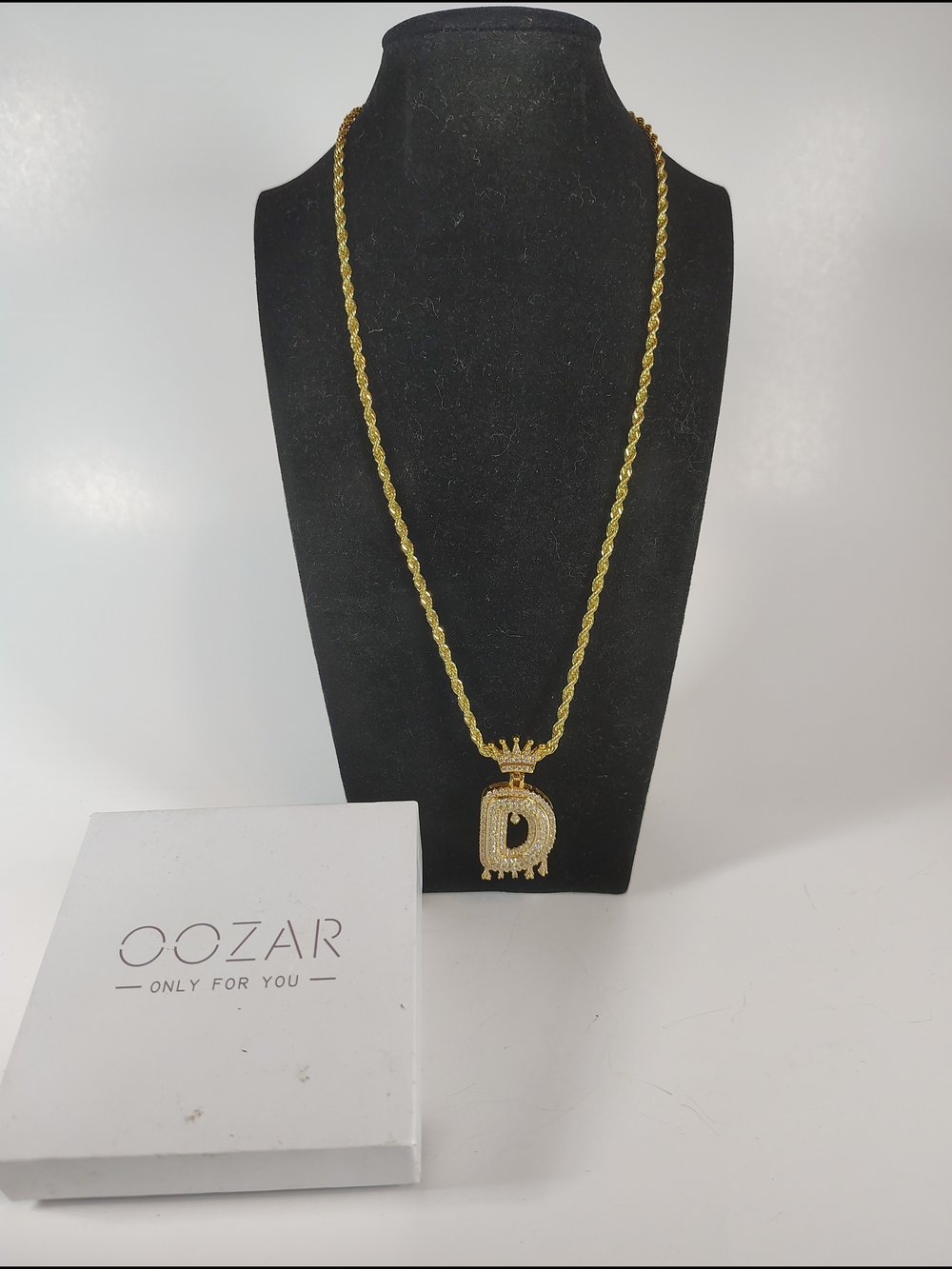OOZAR Gold Tone Iced Out Letter D Pendant Necklace Crown Initial Rope Chain